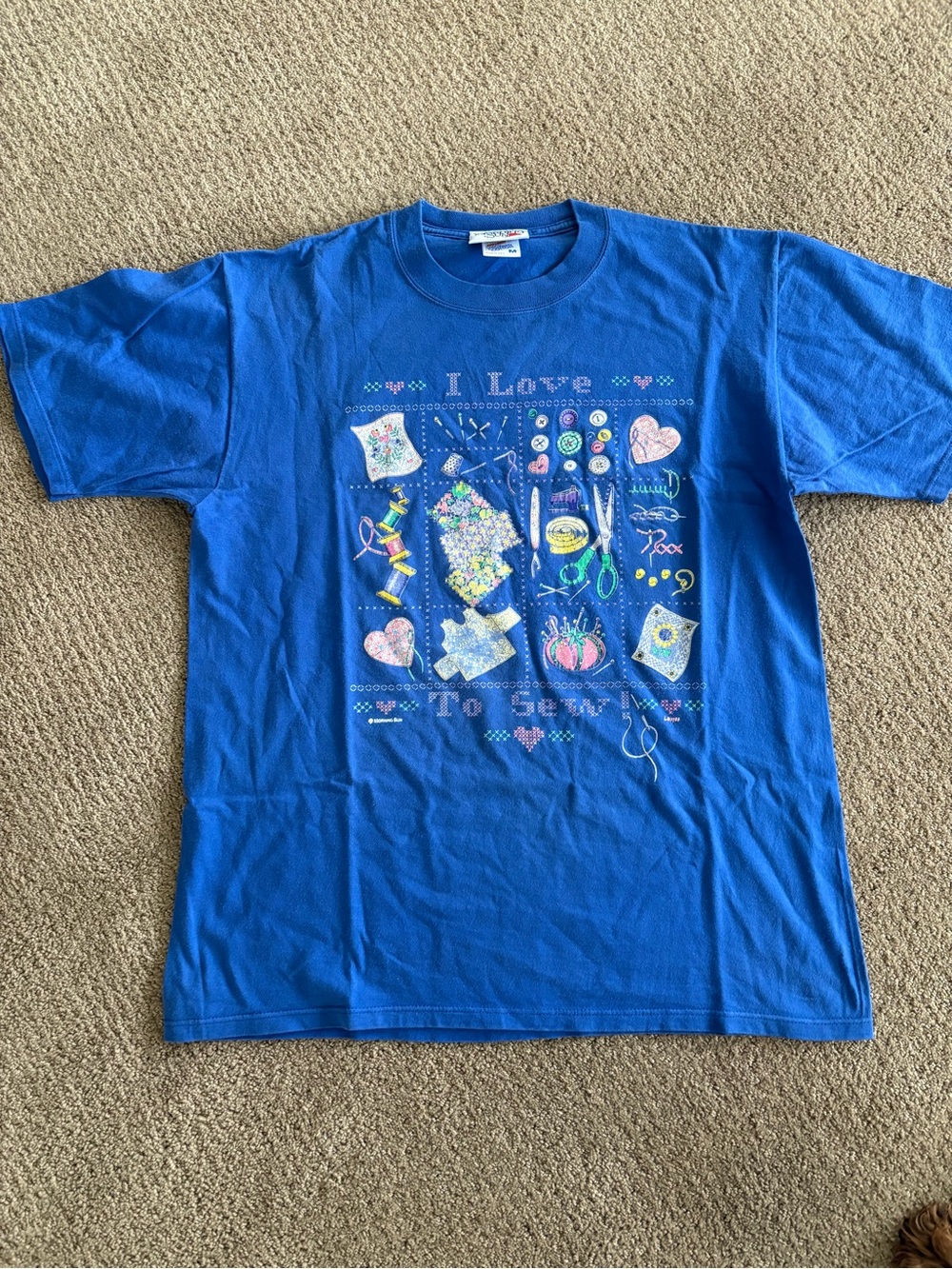 Morning Sun Blue Sewing Graphic Print Crew Neck Short Sleeve Cotton T-Shirt M